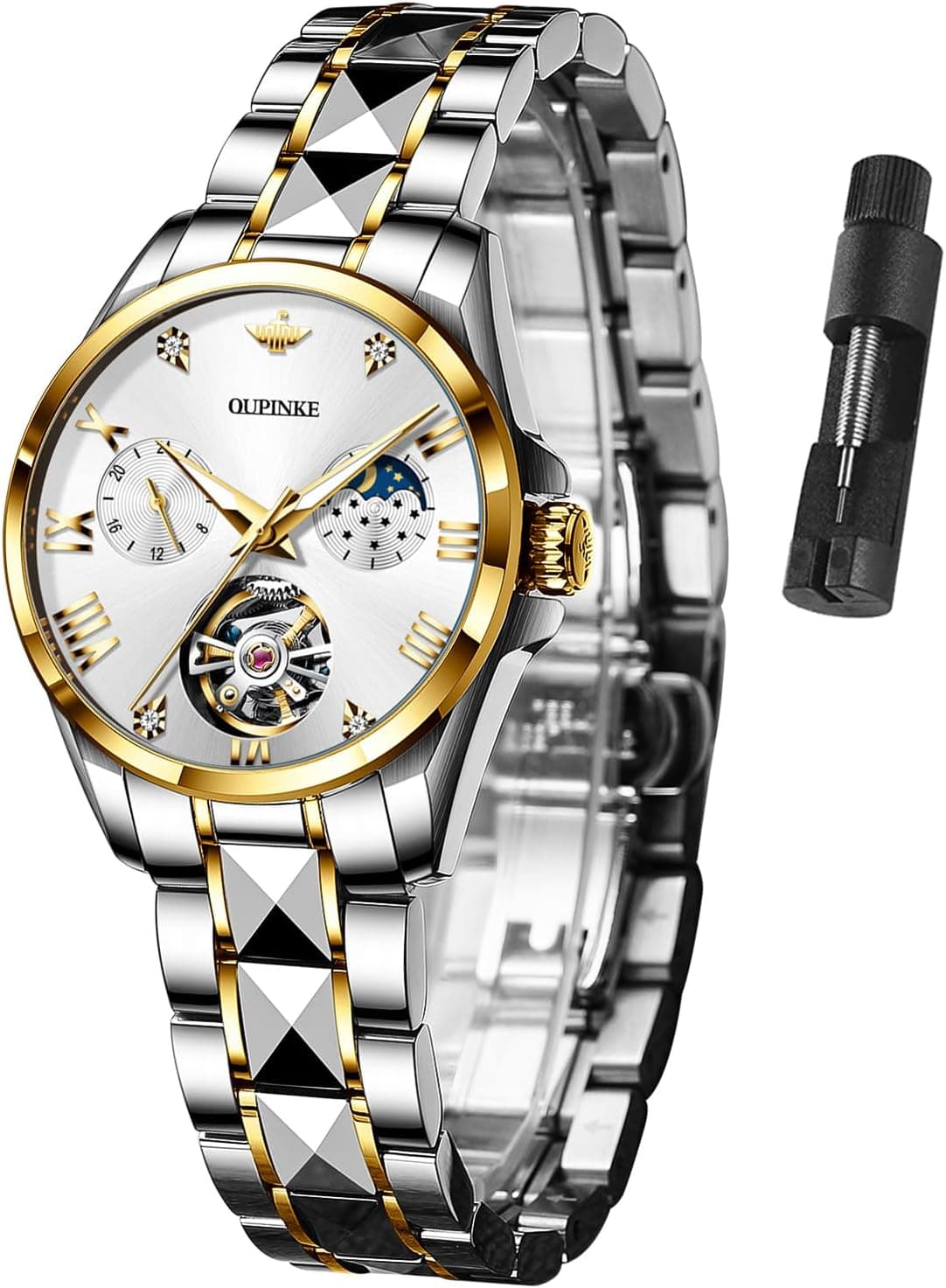 Oupinke L3202 G3202, 32mm, White Dial, Silver Tungsten Bracelet