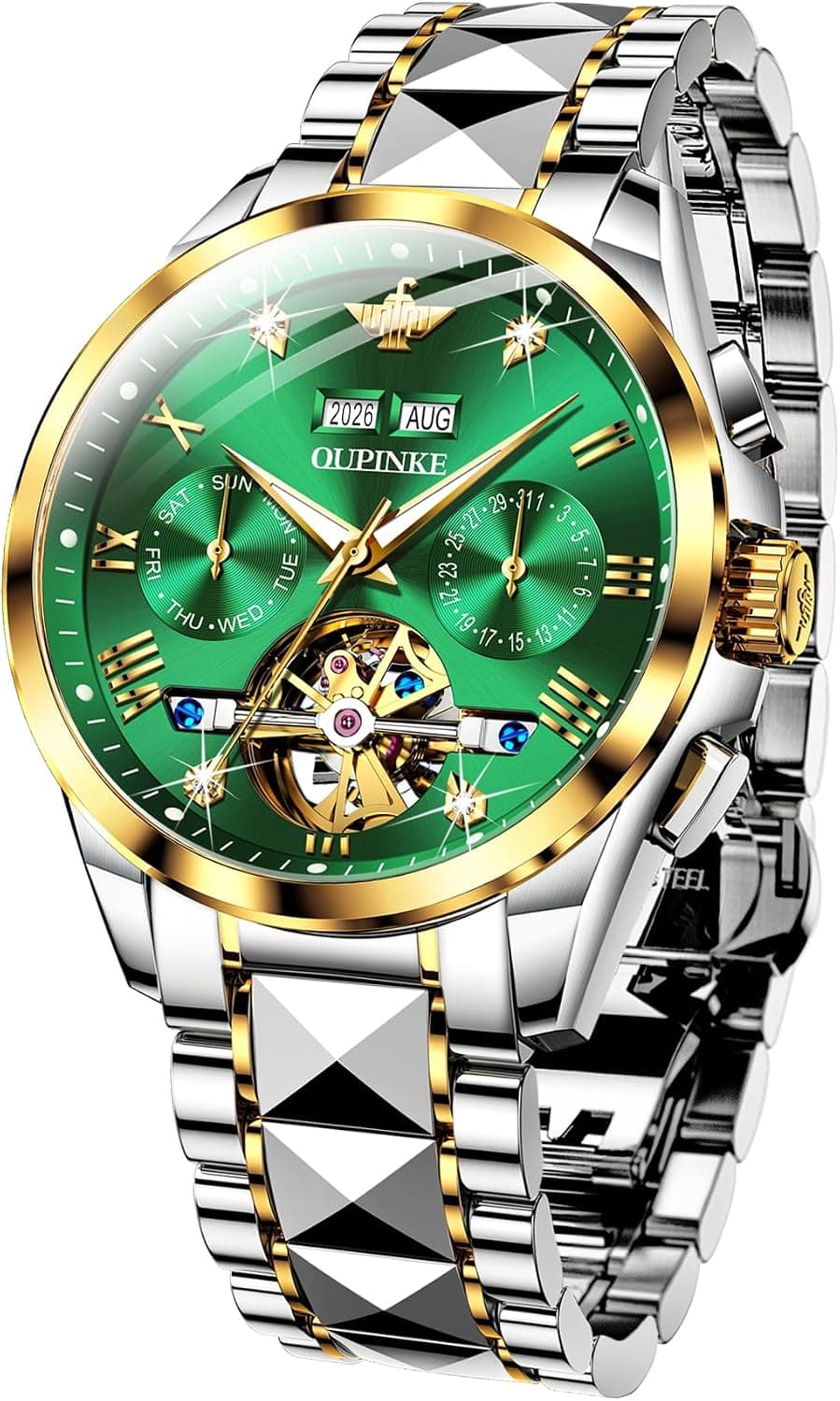 Oupinke TYG-OP-G3186GJ-JLV-1, 42mm, Green Dial, Two-Tone Tungsten Bracelet