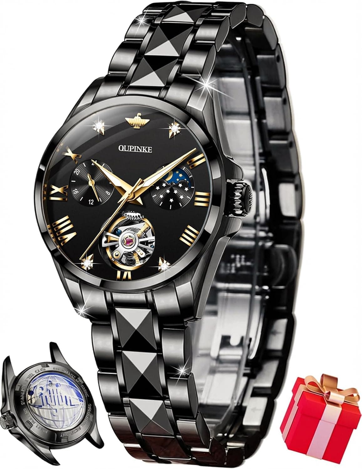Oupinke XBC-L3202G-HH, 32mm, Black Dial, Black Stainless Steel Bracelet