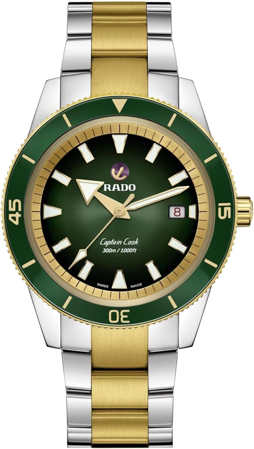 Rado Captain Cook R32138303, 42mm, Green Dial, Silver and Gold Stainless Steel Bracelet