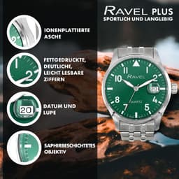 Ravel Plus - Round 3ATM Calendar for with Sapphire Coated Glass and Sunburst Dial - Japanese - RPD002MB - Stainless Steel / Green Dial 40mm Mens, detail view 4