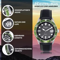Ravel Plus - Round 5ATM Calendar for with Rotating Bezel and Sapphire Crystal Coating - Japanese - RPD010M - Black/Green Bezel 42mm Mens, detail view 2