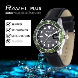Ravel Plus - Round 5ATM Calendar for with Rotating Bezel and Sapphire Crystal Coating - Japanese - RPD010M - Black/Green Bezel 42mm Mens, detail view 4