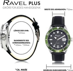 Ravel Plus - Round 5ATM Calendar for with Rotating Bezel and Sapphire Crystal Coating - Japanese - RPD010M - Black/Green Bezel 42mm Mens, detail view 6
