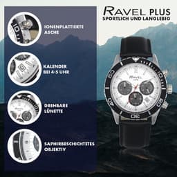 Ravel Plus - Silver Chronograph Sports with Unidirectional Rotating Bezel - 50 m Waterproof - Japanese - RP.CHR. - Black / Black Bezel / Silver Dial 42mm Mens, detail view 4