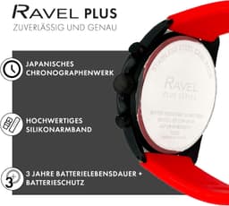 Ravel Plus - Black Chronograph Sports for with Silicone Strap - 50 m Waterproof - Japanese - RP.CHR. - Red 46mm Mens, detail view 3
