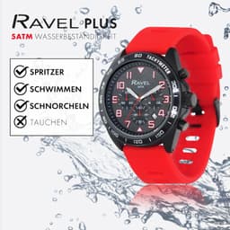 Ravel Plus - Black Chronograph Sports for with Silicone Strap - 50 m Waterproof - Japanese - RP.CHR. - Red 46mm Mens, detail view 2