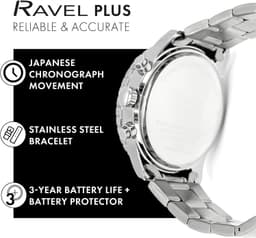 Ravel Plus - Silver Tone Chronograph Sports with Uni-Directional Rotating Bezel - 5ATM - Japanese - RP.CHR-009MB - Stainless Steel / Green Bezel 42mm Mens, detail view 4