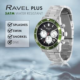 Ravel Plus - Silver Tone Chronograph Sports with Uni-Directional Rotating Bezel - 5ATM - Japanese - RP.CHR-009MB - Stainless Steel / Green Bezel 42mm Mens, detail view 2