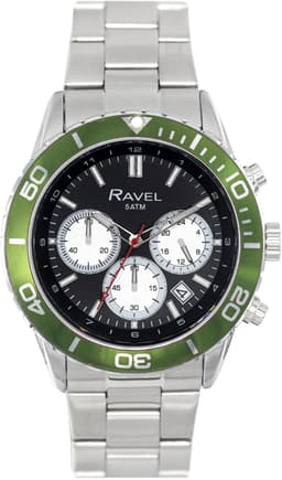 Ravel Plus - Silver Tone Chronograph Sports with Uni-Directional Rotating Bezel - 5ATM - Japanese - RP.CHR-009MB - Stainless Steel / Green Bezel 42mm Mens, primary image