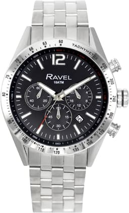 Ravel Pro - Round Stainless Steel Chronograph with Date - Resistant - RPR-006MB - Stainless Steel Bracelet / Black Dial 44mm Mens, primary image