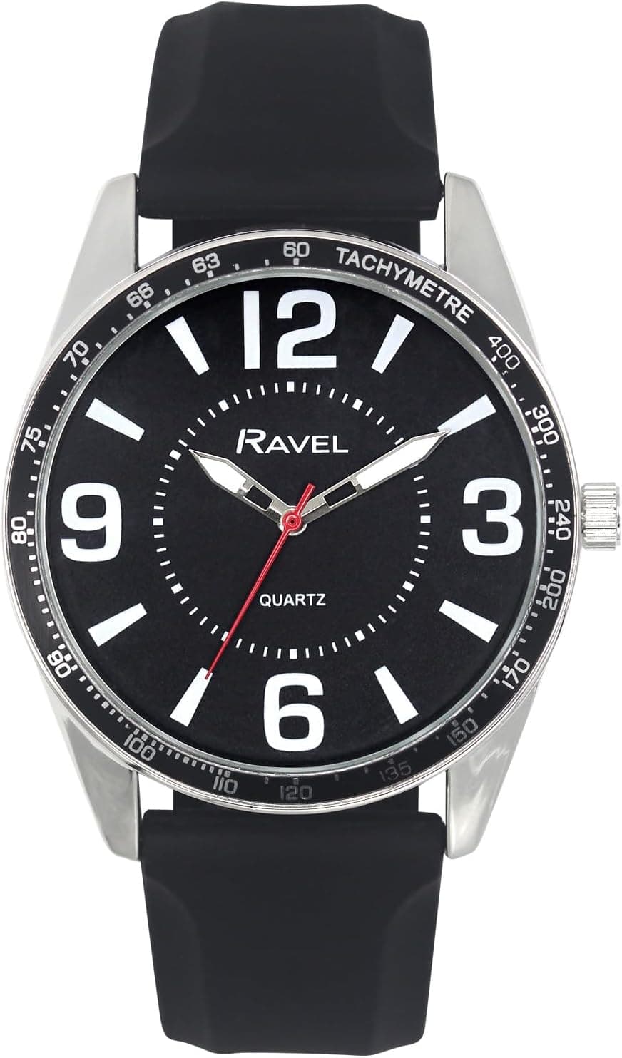 Ravel Silver-coloured with large RS001.03, 43mm, Black Dial, Silicone Band