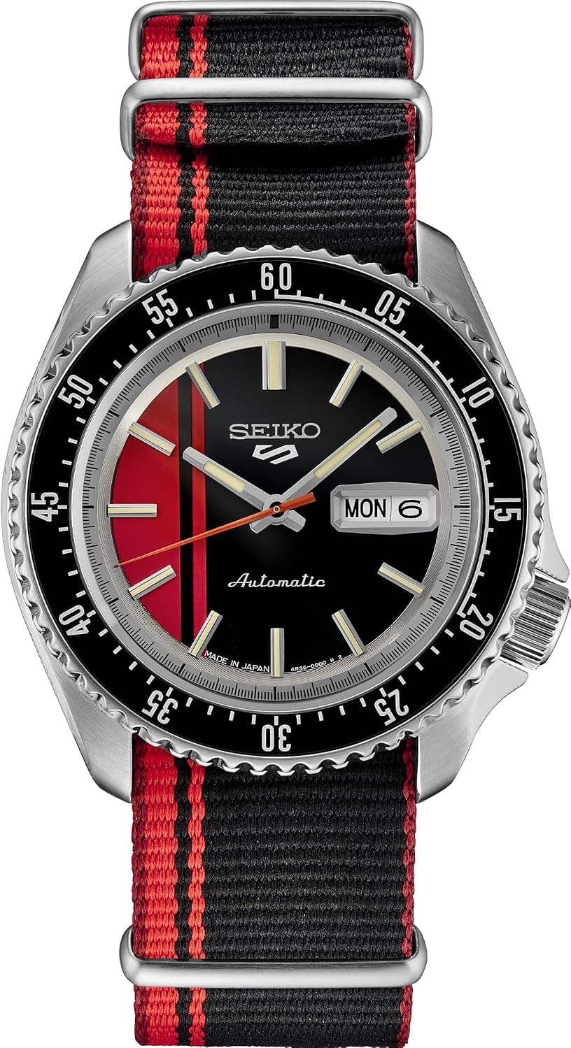 Seiko Seiko 5 Sports 42mm, Black & Red Dial Silver-tone Nylon