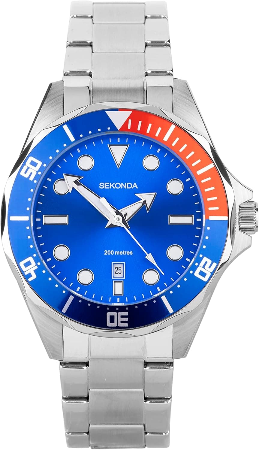 Sekonda 200M Sports 30087, 42mm, Blue Dial, Silver Stainless Steel Bracelet