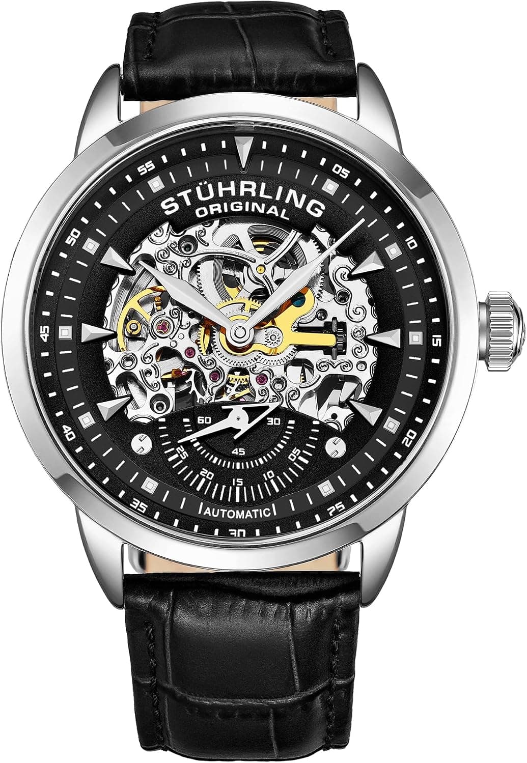 Stuhrling Original Skeleton 44mm, Black Dial Black Leather