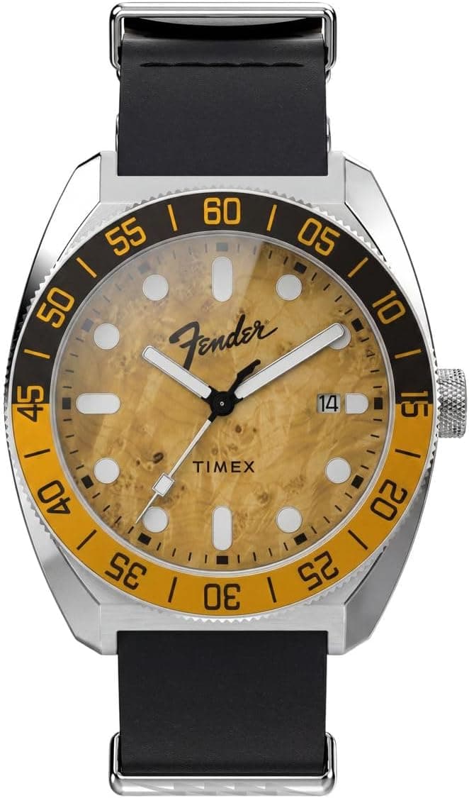 Timex Fender Telecaster TW6A14600, 41 mm, braunes Zifferblatt, schwarzes Lederarmband
