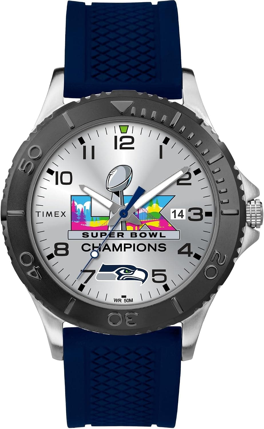 Timex Super Bowl LX TW6A17400YZ, 42mm, Silver Dial, Blue Silicone Band