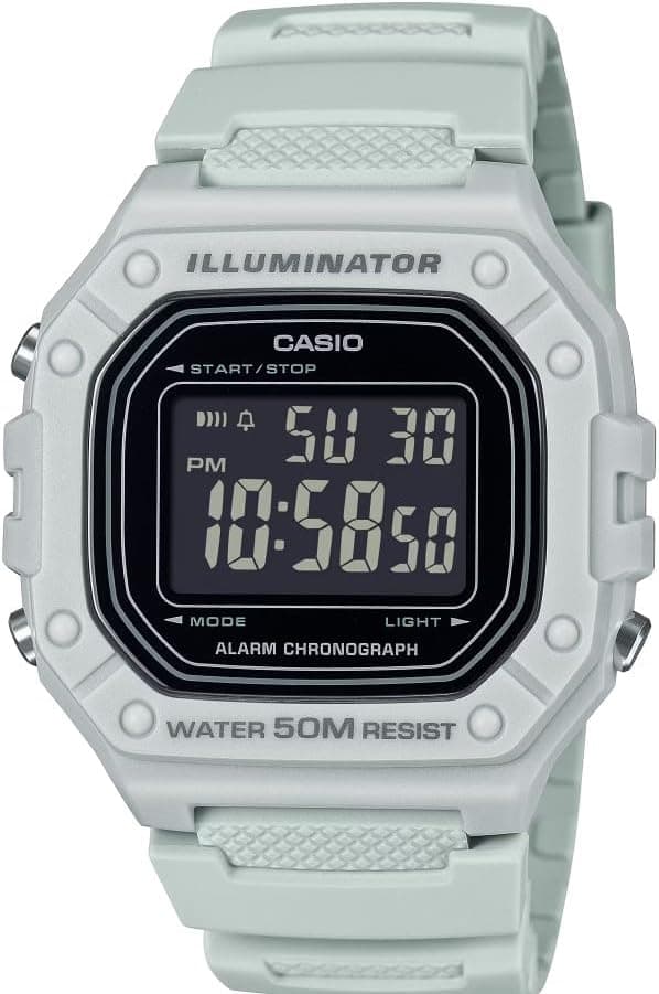 Casio W-218H Series 7-Year Battery 44mm, Beyaz Kadran Beyaz Reçin