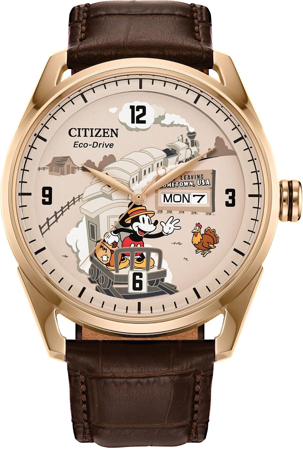 Citizen Mickey Mouse AW0088-04W, 42mm, Beige Dial, Brown Leather Band