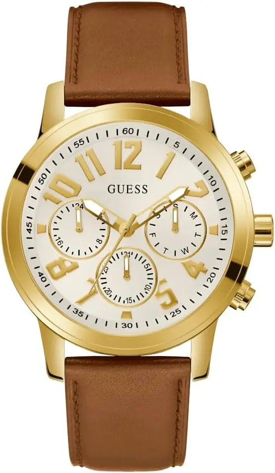 Guess GW0709G2, 44 mm, weißes Zifferblatt, braunes Lederarmband