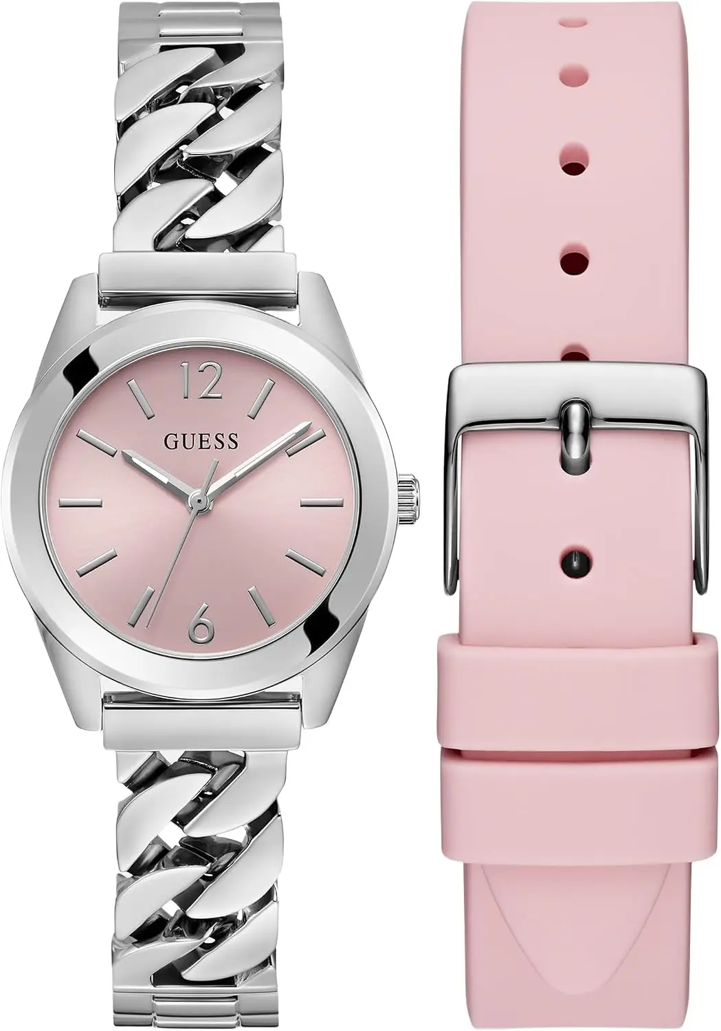 Guess GW0845L1, 32 mm, rosafarbenes Zifferblatt, silbernes Edelstahlarmband