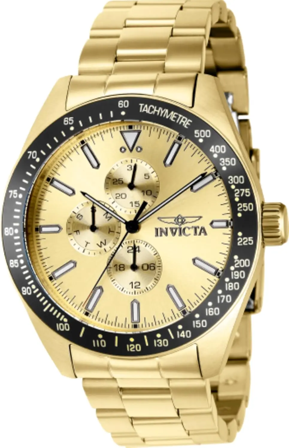 Invicta Aviator 38970, 45 mm, goldenes Zifferblatt, silbernes Edelstahlarmband