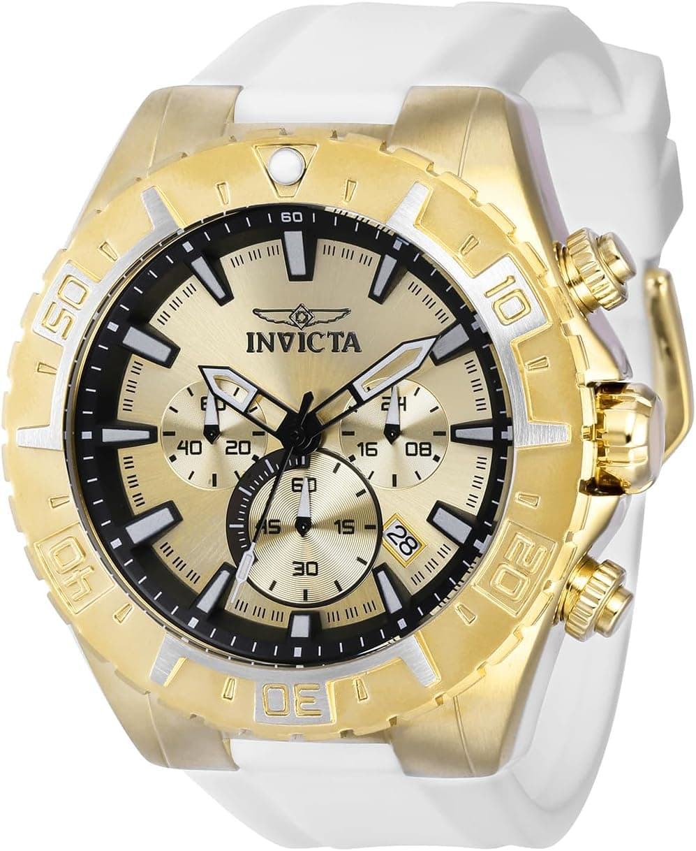 Invicta Aviator 37636, 49 mm, goldenes Zifferblatt, weißes Silikonarmband