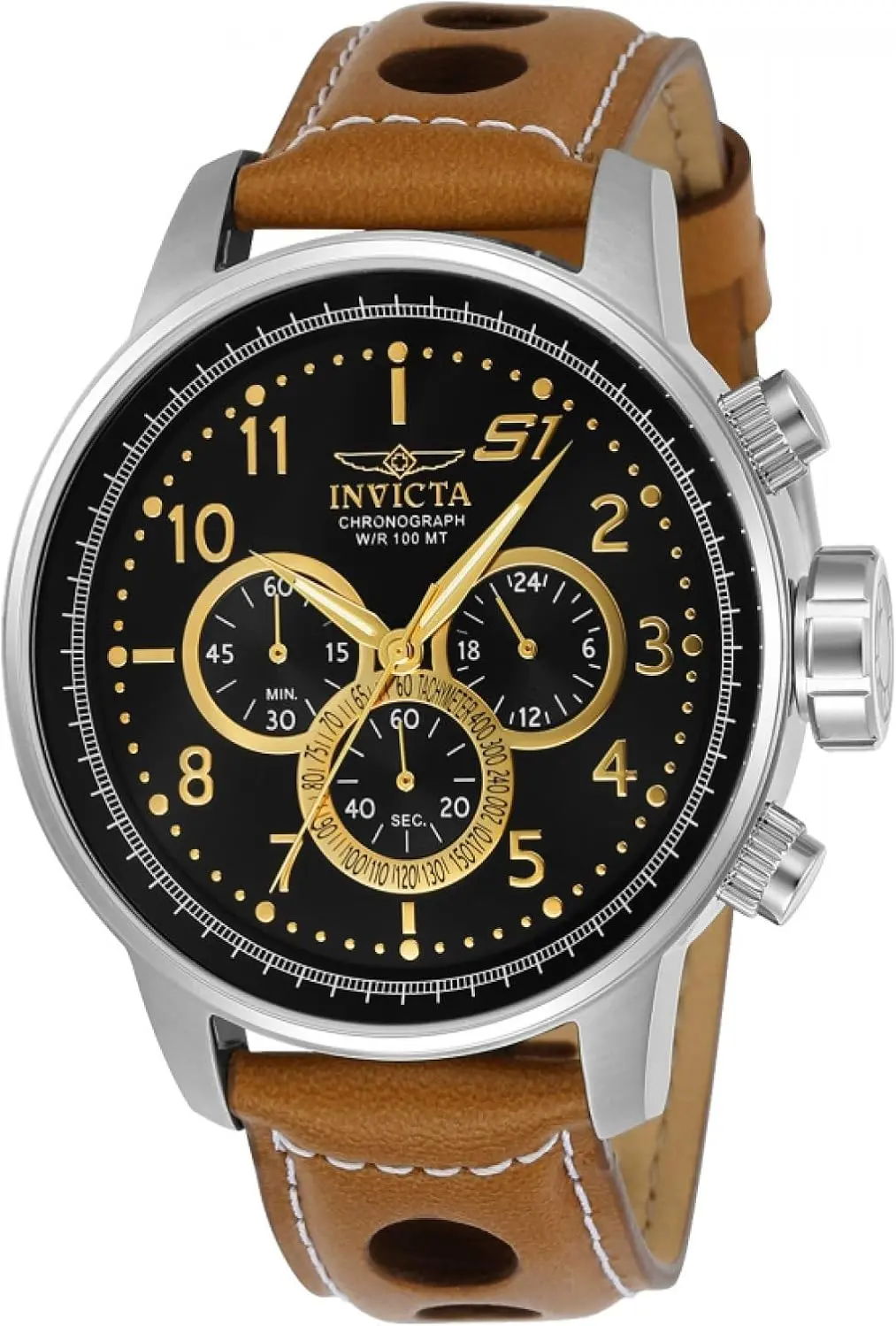 Invicta S1 Rally 23597, 47 mm, schwarzes Zifferblatt, braunes Lederarmband