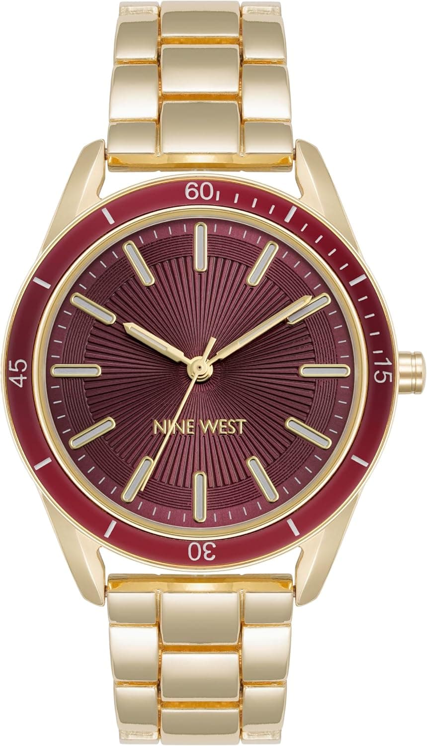 Nine West NW-3100BYGB, 37mm, Burgundy Dial, Gold Metal Bracelet