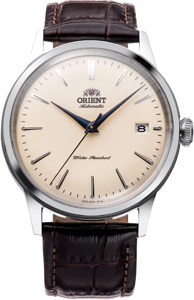 Orient Bambino RA-AC0M04Y10B, 38 mm, beigefarbenes Zifferblatt, braunes Lederarmband