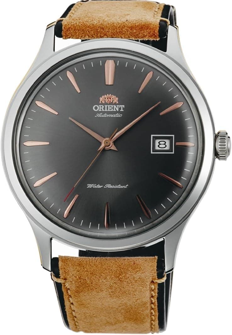 Orient Bambino TAC08003A0, 41 mm, graues Zifferblatt, khakifarbenes Lederarmband